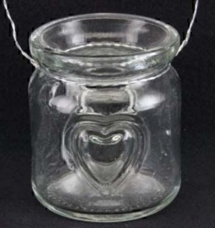 Heart Jar T-Light Candle Holder by Gisela Graham. Embossed Heart on Jar and Silver Wire handle to hang. Jar Size 7x6cm